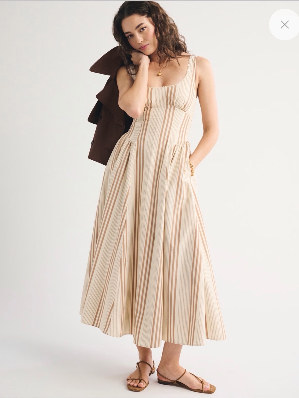 Abercrombie & Fitch Striped Sleeveless Midi Dress in Beige and Cream - Picture 2 of 6